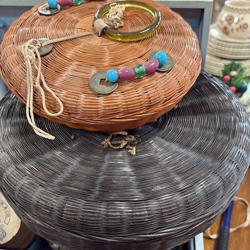Vintage Tassels Round Lidded Sewing Baskets and notations A11